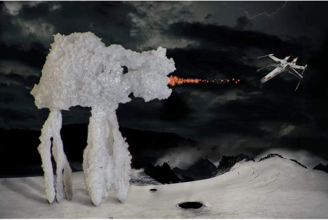 A collection of mineral crystals that resembles a quadrupedal animal has been digitally edited to call to mind an AT-AT walker from Star Wars shooting lasers at an X-wing